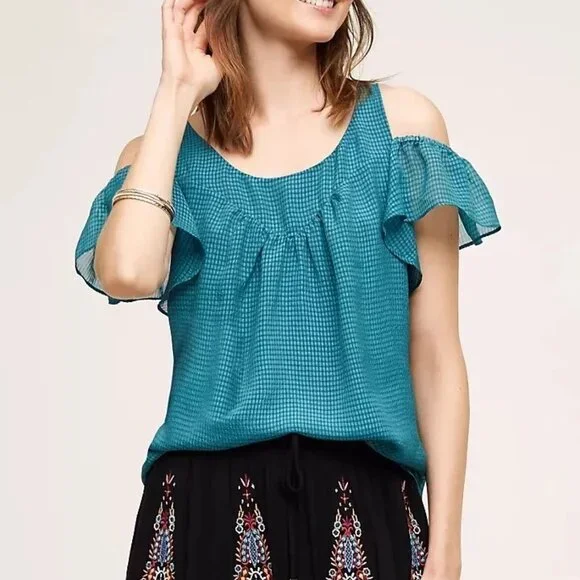 Anthropologie Maeve Tavin Turquoise Cold Shoulder Ruffle Blouse 4P - Picture 1 of 15